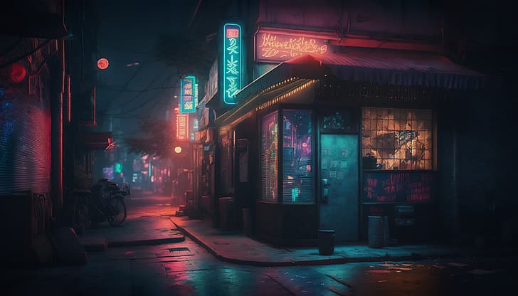 AI art, city, Tokyo, street, neon, illustration, night