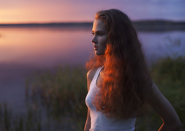 women's white tank top, Anastasiya Khotenovskaya, redhead, depth of field, HD wallpaper