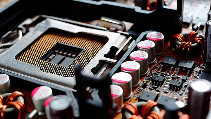 brown and black motherboard, electronics, closeup, microchip, HD wallpaper