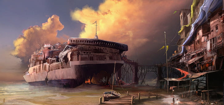 apocalyptic, artwork, architecture, water, transportation, nautical vessel