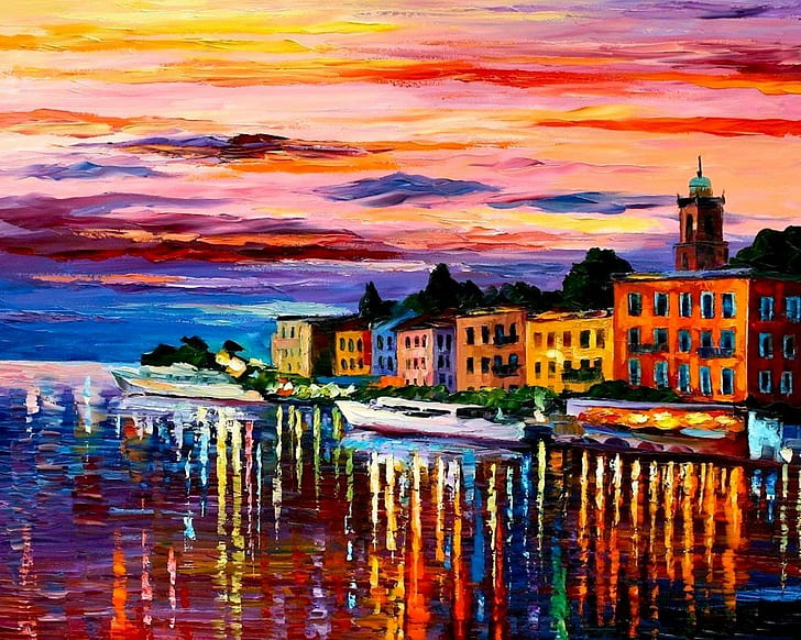colorful, painting, artwork, building, water, reflection, house