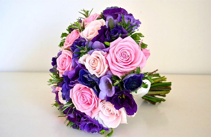 purple and pink rose bouquet, roses, flowers, bouquets, greens