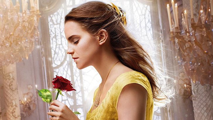 Emma Watson, Beauty and the Beast, women, movies, actress, flowers, HD wallpaper