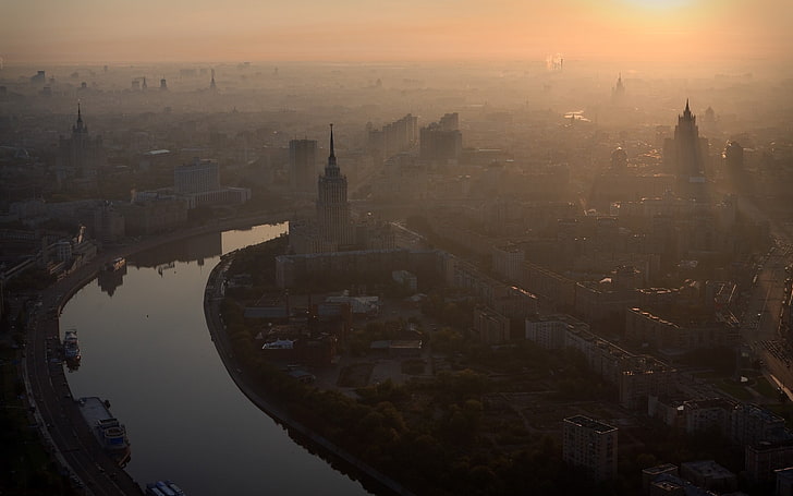 high-rise buildings, cityscape, Moscow, mist, urban, building exterior