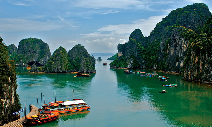 green sea, vietnam, tropics, nautical Vessel, asia, halong Bay, HD wallpaper