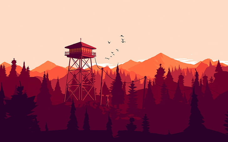 post house surrounded with trees painting, illustration, Firewatch
