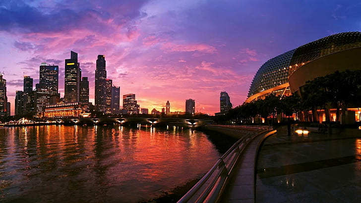 Singapore Waterfront At Sundown, arena, bridge, city, skyscrapers, HD wallpaper