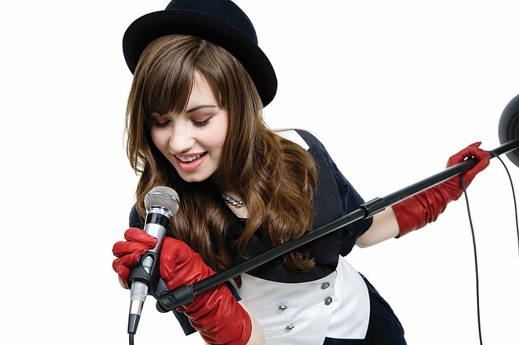 black and gray microphone with stand, demi lovato, singer, dress, HD wallpaper