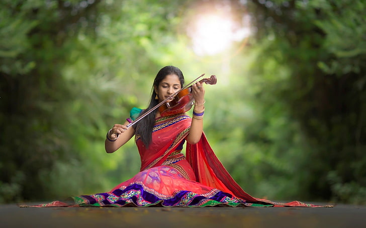 saree, women, violin, one person, young adult, young women, HD wallpaper