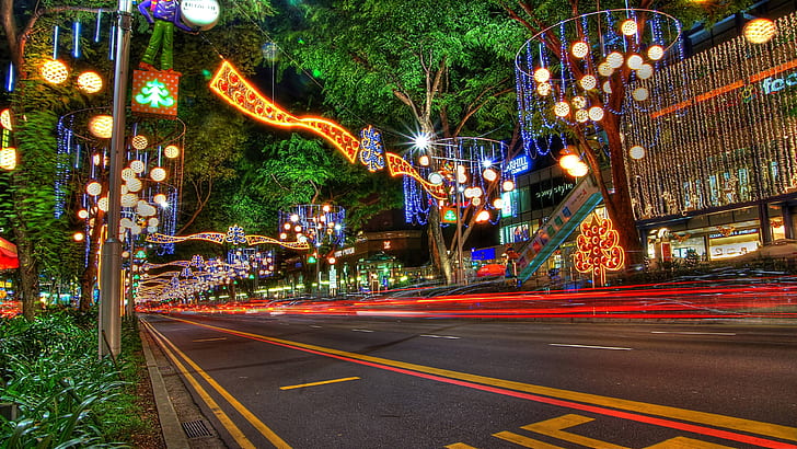 christmas lights, road, xmas, festival, evening, singapore, HD wallpaper