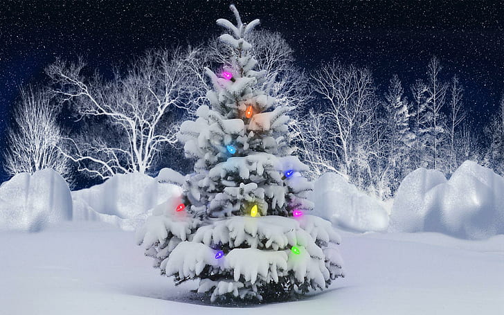 Outdoors Christmas Tree, snow covered pine tree painting, holidays