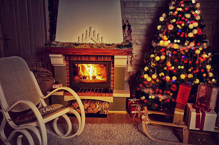 black electric fireplace, New Year, Christmas, merry christmas
