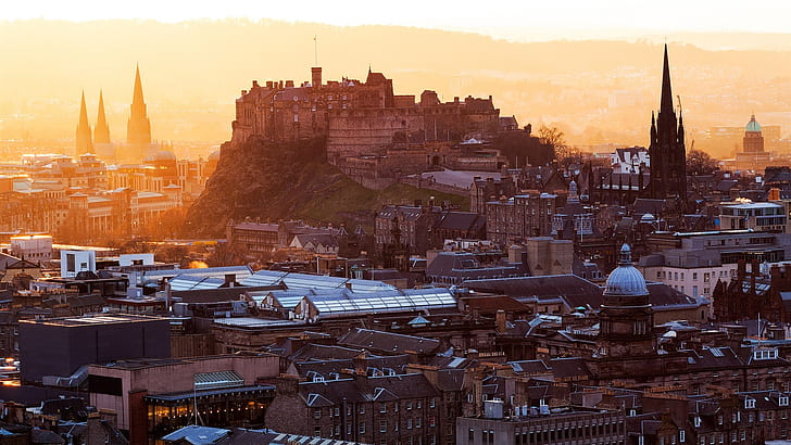 Edinburgh Castle, Scotland, stronghold, city, houses, buildings, dawn, city buildings