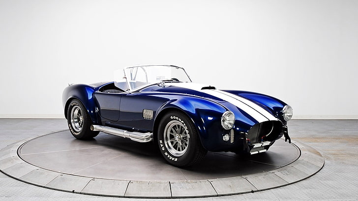 blue and white convertible coupe, Shelby, white stripes, AC Cobra