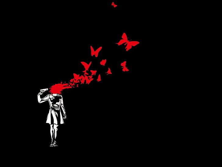 women guns butterfly blood suicide people illustrations headshots black background 1280x960 wallp Animals Butterflies HD Art