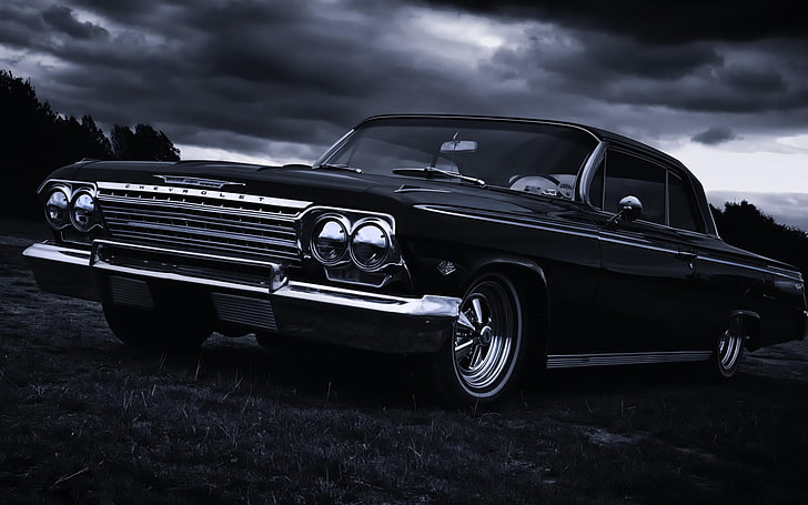 black Chevrolet coupe, car, vehicle, dark, Oldtimer, clouds, 1960 Chevrolet Impala