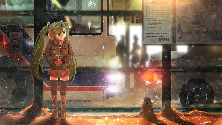 green hair, bus stations, Hatsune Miku, anime girls, artwork, HD wallpaper