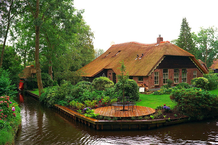 trees, flowers, design, house, lawn, garden, channel, Netherlands