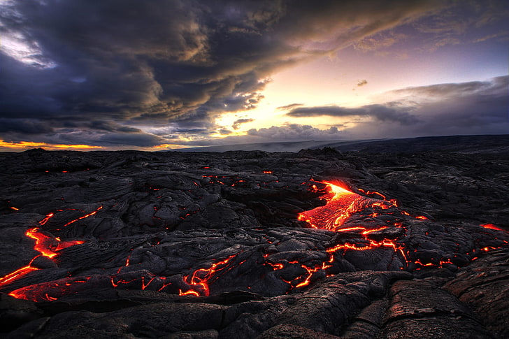 volcano, landscape, lava, clouds, Indonesia, rock, geology, heat - temperature, HD wallpaper