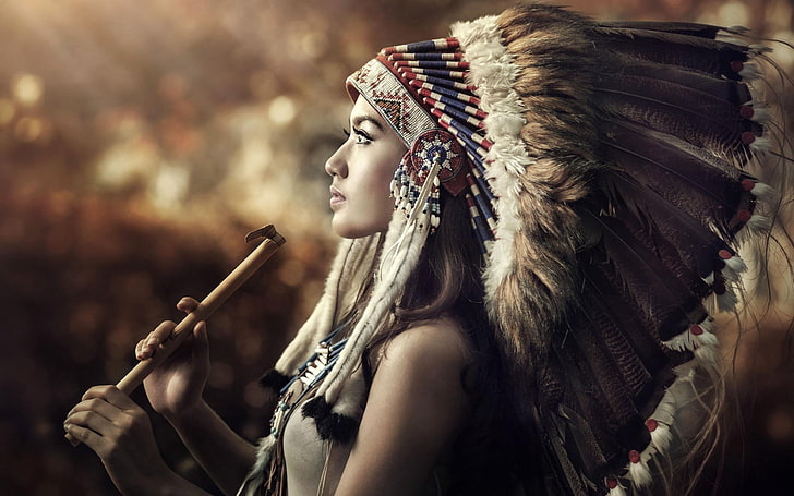 brown and white headdress, women, profile, feathers, people, females
