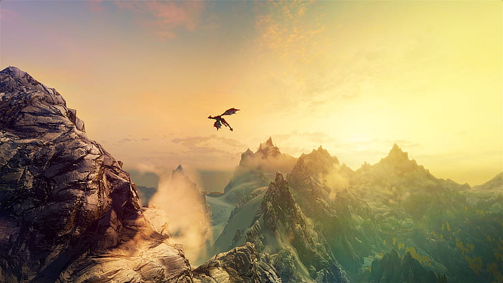 Dragon Skyrim Elder Scrolls Mountains Sunlight HD, video games