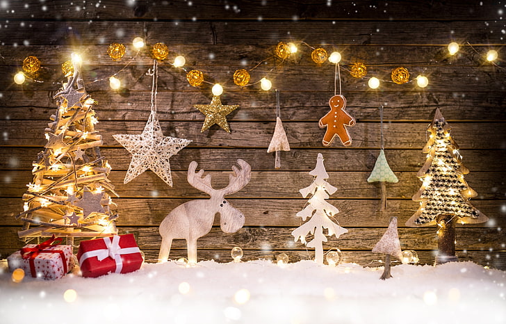 HD wallpaper: christmas decoration, winter, wood, bokeh, tree, plant ...