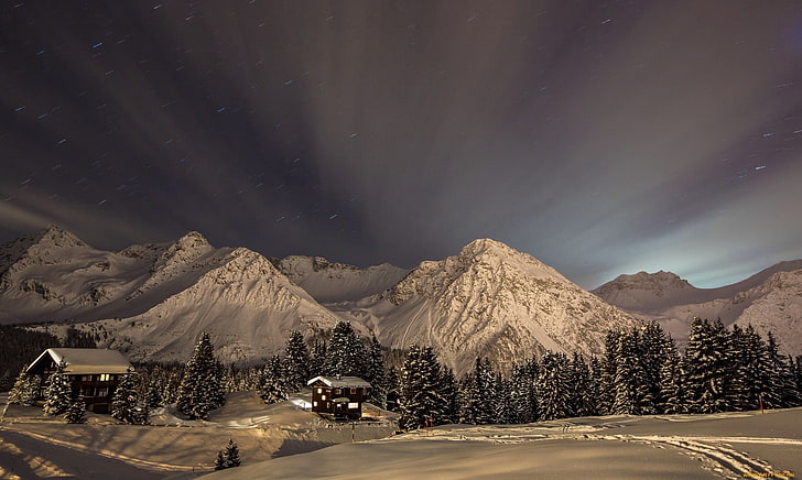 white snowy mountain, mountains, landscape, nature, winter, cabin, HD wallpaper