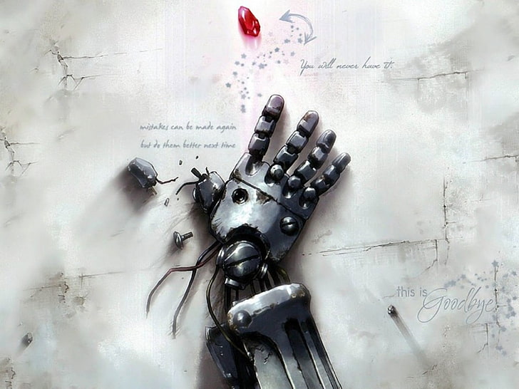 hands, text, robot, Full Metal Alchemist, Hello, Good-bye, good bye, HD wallpaper