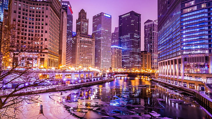 chicago, chicago riverwalk, united states, usa, dusk, city lights, HD wallpaper