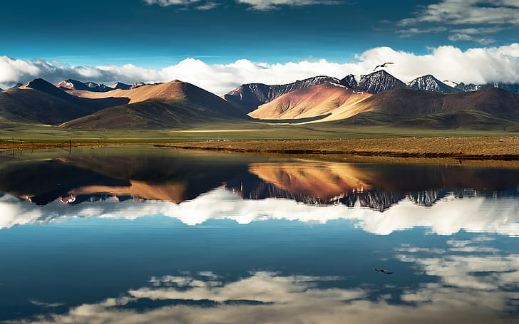 China, Tibet, mountain, lake, water reflection, sky, clouds, HD wallpaper