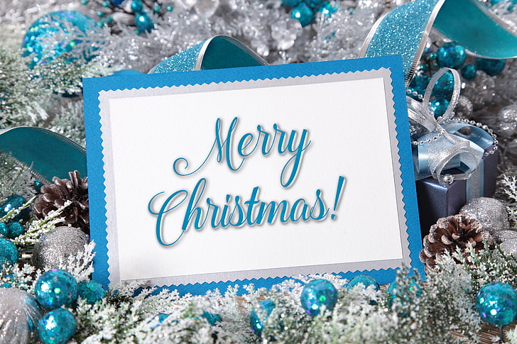 white and blue Merry Christmas text card, snow, decoration, balls