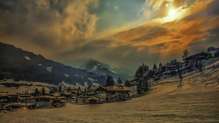 mountain terrain, snow, winter, landscape, mountains, digital art, HD wallpaper