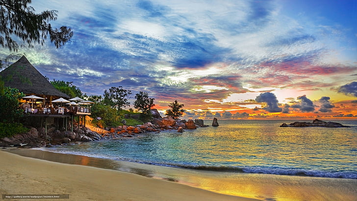amanecer, casa, mar, naturaleza, playa, HD wallpaper