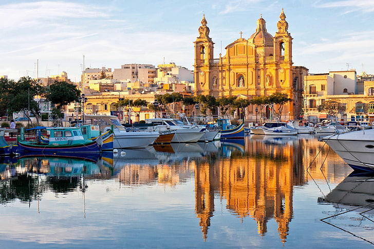reflection, boats, Cathedral, harbour, Malta, Valletta