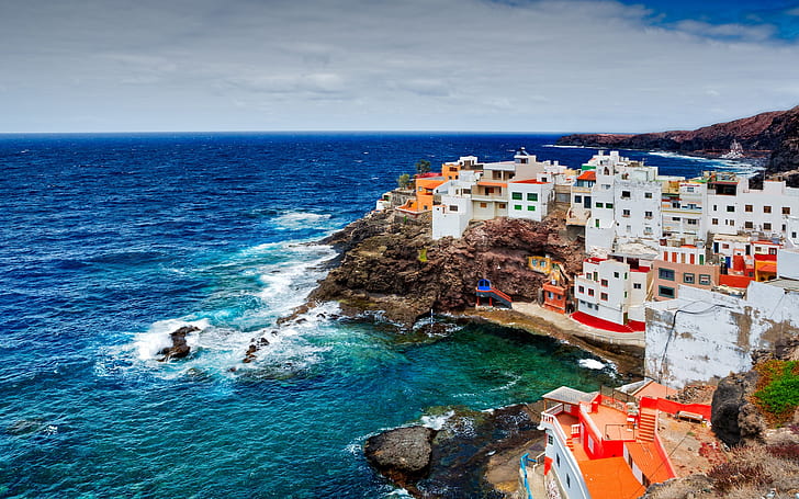 Spain, Canary Islands, ocean, rocks, cliffs, coast, houses, buildings, HD wallpaper
