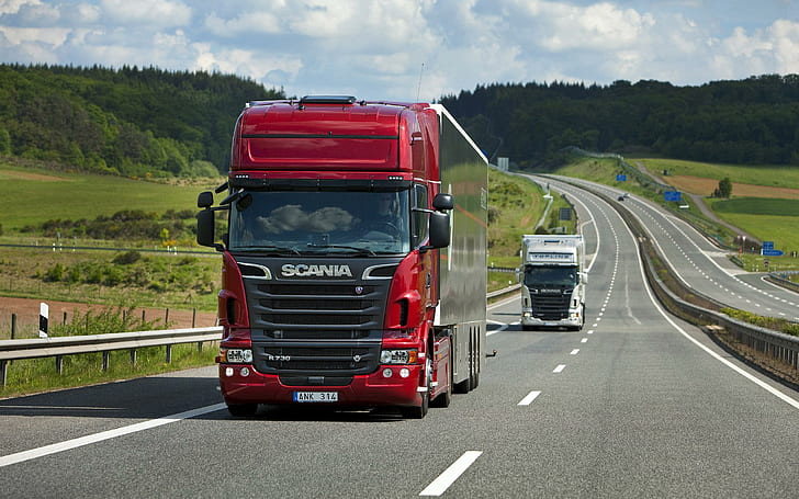 Scania R 730, red trailer truck, cars, 2560x1600