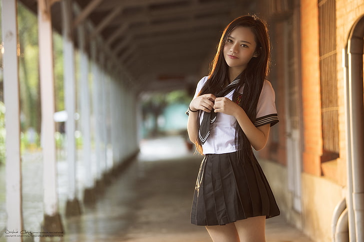 women's white and black school uniform, model, Asian, Joshua Chang