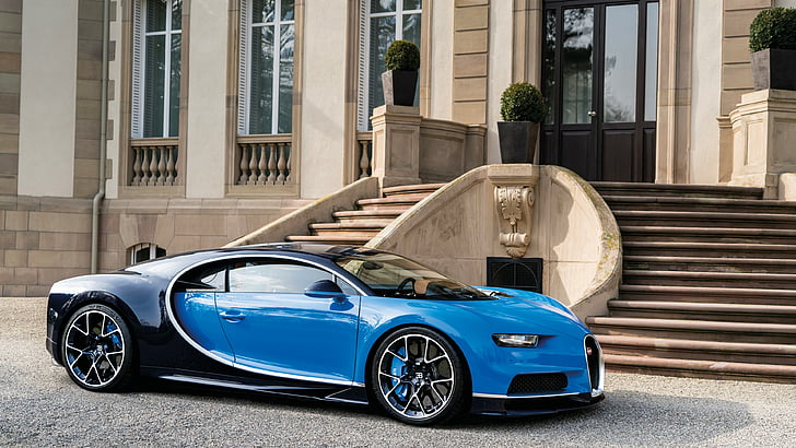 blue and black super car near concrete mansion, Bugatti Chiron