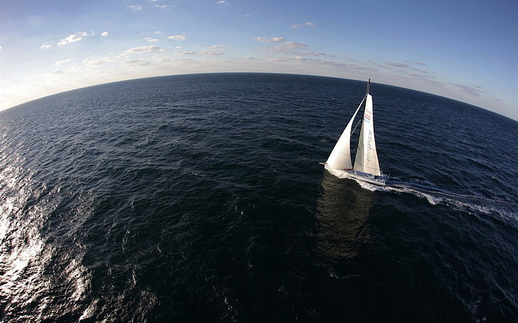white sail boat, sailing ship, sea, yachts, fisheye lens, horizon, HD wallpaper
