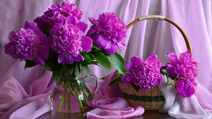 Purple peonies, pink peonies centerpiece, basket, vase, still-life