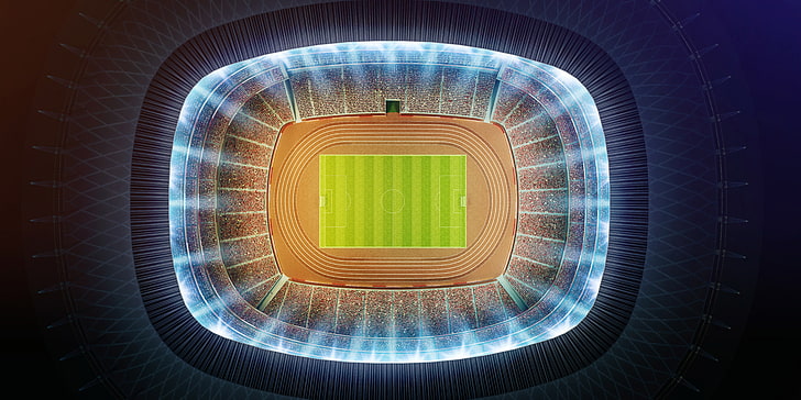 dark background, stadium, soccer pitches, top view, CGI, crowds, HD wallpaper