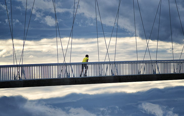 bridge, rollerskates, men, men outdoors, sports, suspension bridge