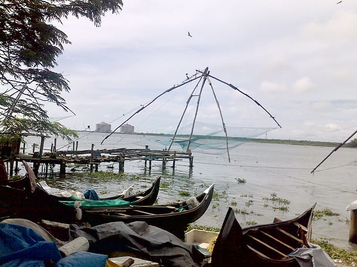 Cochin Harbour Fishing Village, kochi, boats, nets, HD wallpaper