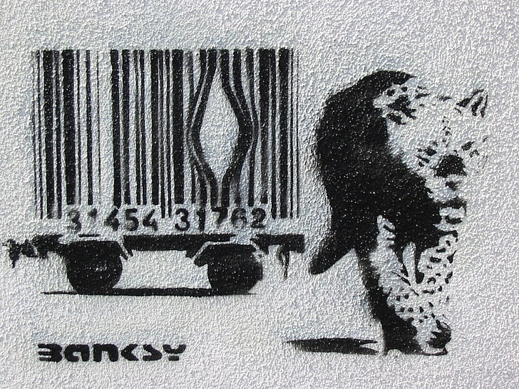 Banksy, graffiti, leopard, no people, communication, text, wall - building feature