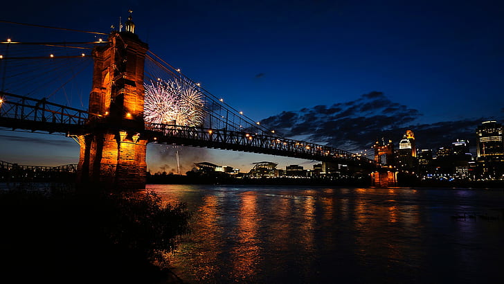 fireworks, night, bridge, Thunder Over Louisville, Kentucky, HD wallpaper
