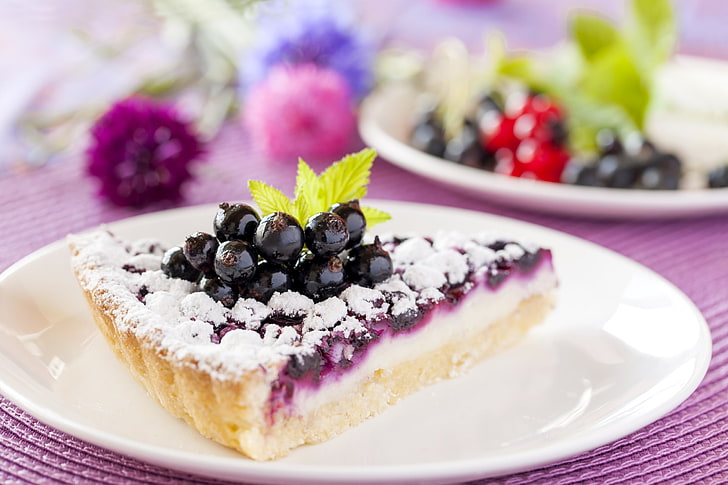 food, cake, berries, dessert, pie, mint leaves, food and drink, HD wallpaper