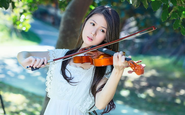 White dress Asian girl, violin, music, HD wallpaper