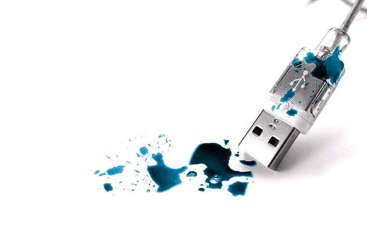 blue and gray flash drive, USB, technology, studio shot, white background, HD wallpaper