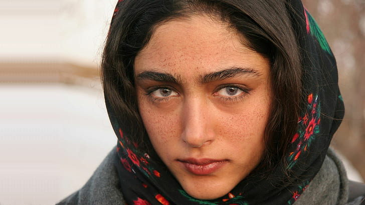 Golshifteh Farahani, women, brunette, face, blue eyes, scarf, HD wallpaper