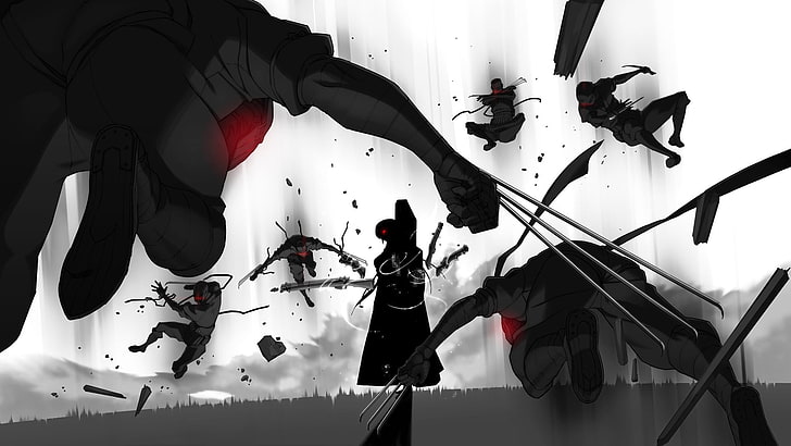 black anime illustration, fighting, artwork, Full Metal Daemon: Muramasa, HD wallpaper